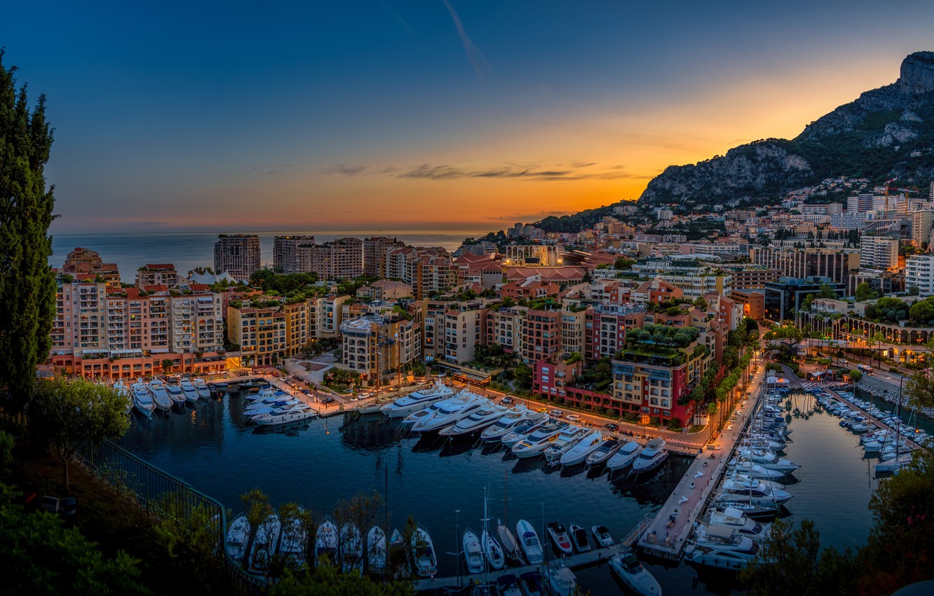 Wallpaper sea, water, sunset, night, the city, lights, yachts, pier, Monaco, street, Monaco, Fontvieille, Fontvieille image for desktop, section город