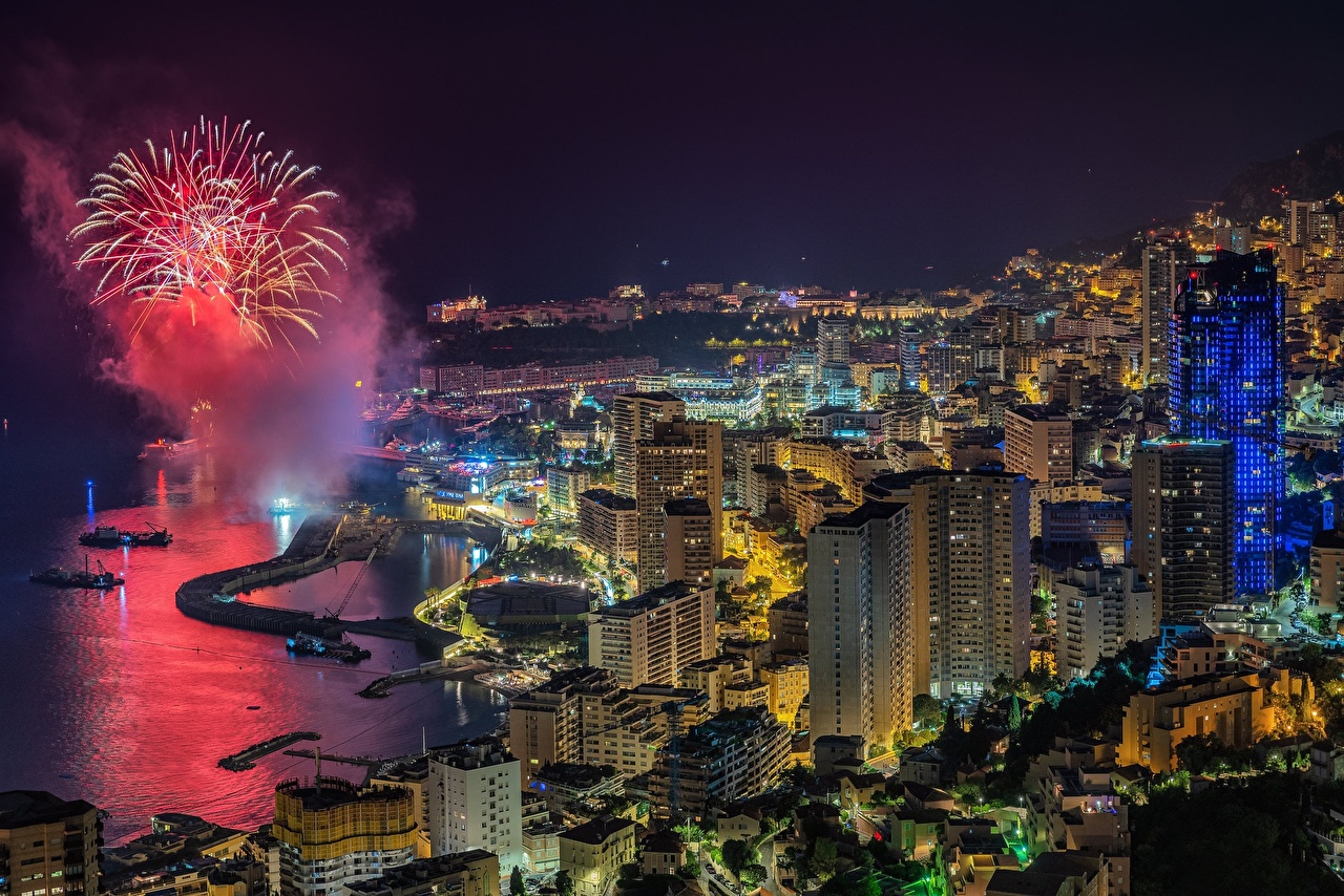 Photo Monaco Fireworks Bay Night From above Cities Building
