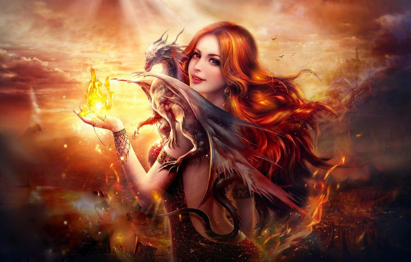 Wallpaper fire, flame, girl, fantasy, digital, woman, art, beautiful, pretty, redhead, dragon, female image for desktop, section фантастика