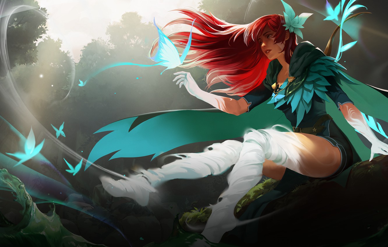 Wallpaper girl, fantasy, game, redhead, digital art, Dota 2, artwork, fantasy art, butterflies, fantasy girl, Windranger image for desktop, section игры