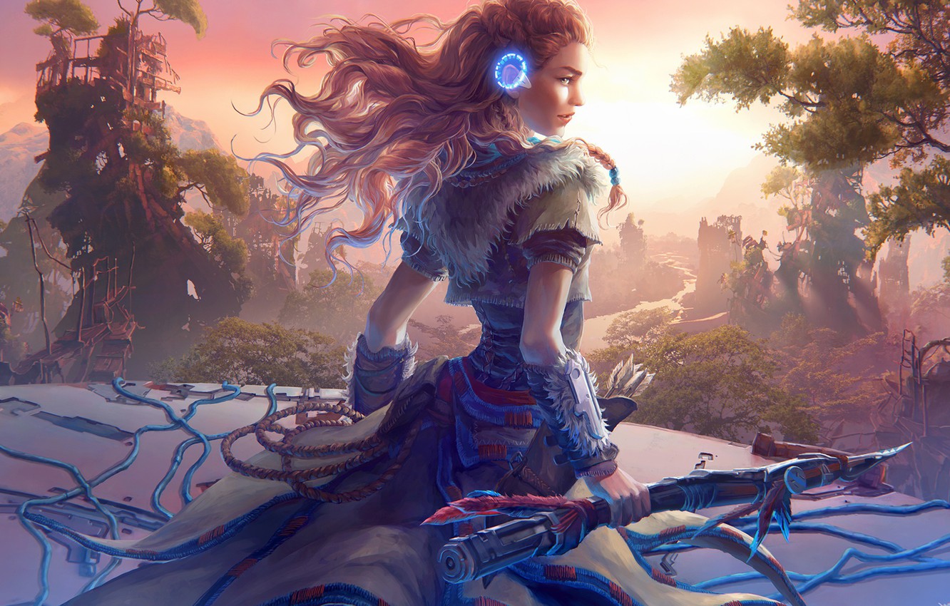 Wallpaper girl, fantasy, long hair, landscape, weapon, redhead, digital art, artwork, warrior, fantasy art, fantasy girl, Horizon: Zero Dawn, Aloy, fantasy landscape image for desktop, section игры