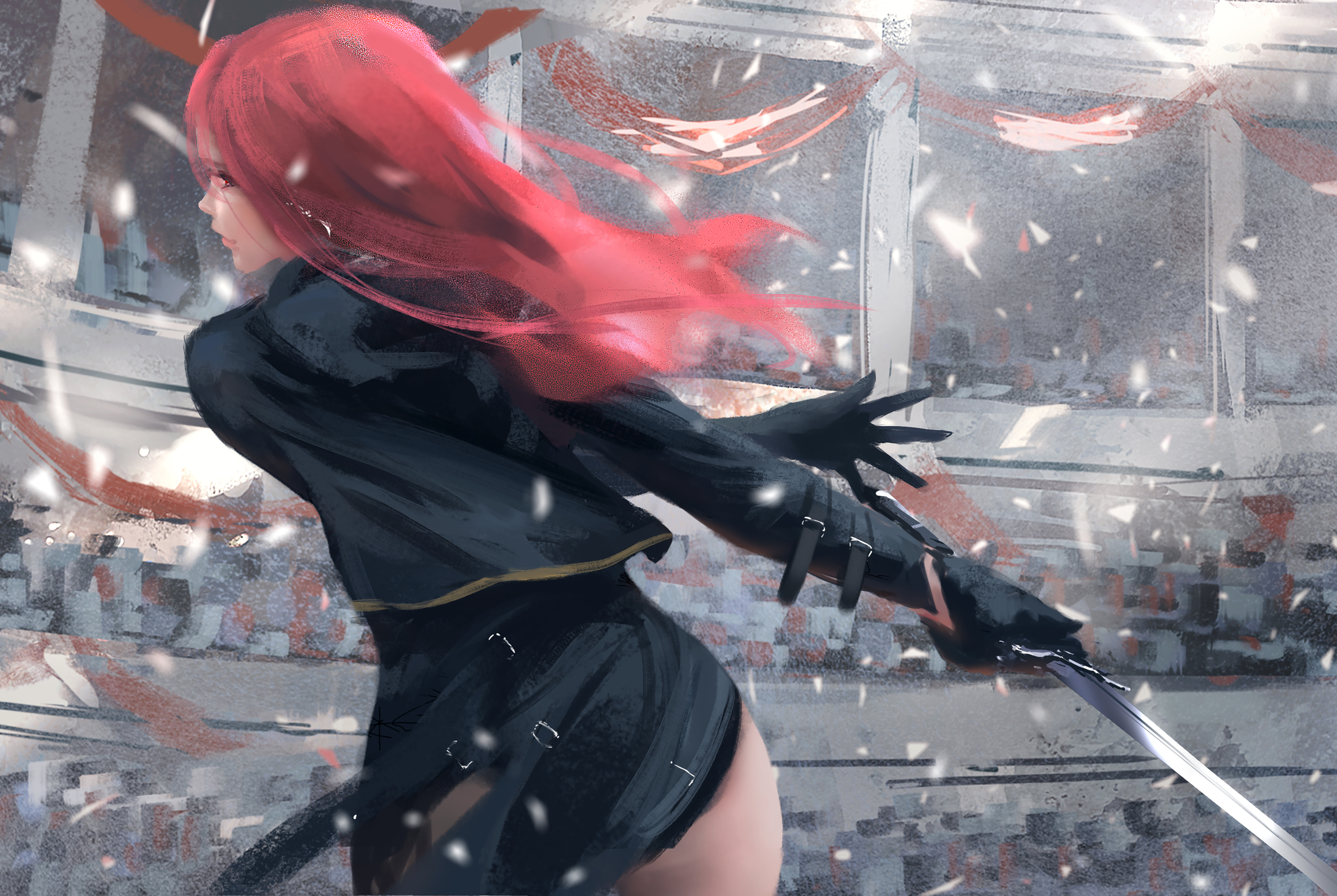 Redhead Ghost Blade Digital Art Women Ghost + Blade Wlop Sword Original Characters