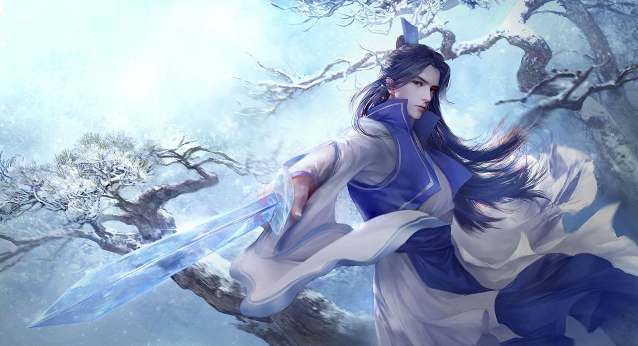 Ice sword Samurai long hair boy snow game wallpaperx977