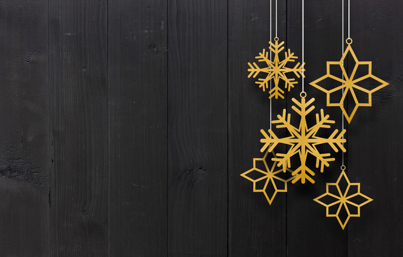 Photo Wallpaper Winter, Snowflakes, Golden, Black Background, Background Black