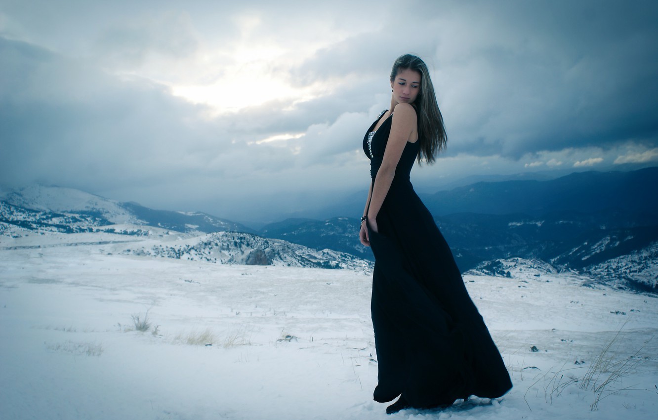Wallpaper girl, snow, mountains, dress, One with the winter image for desktop, section девушки