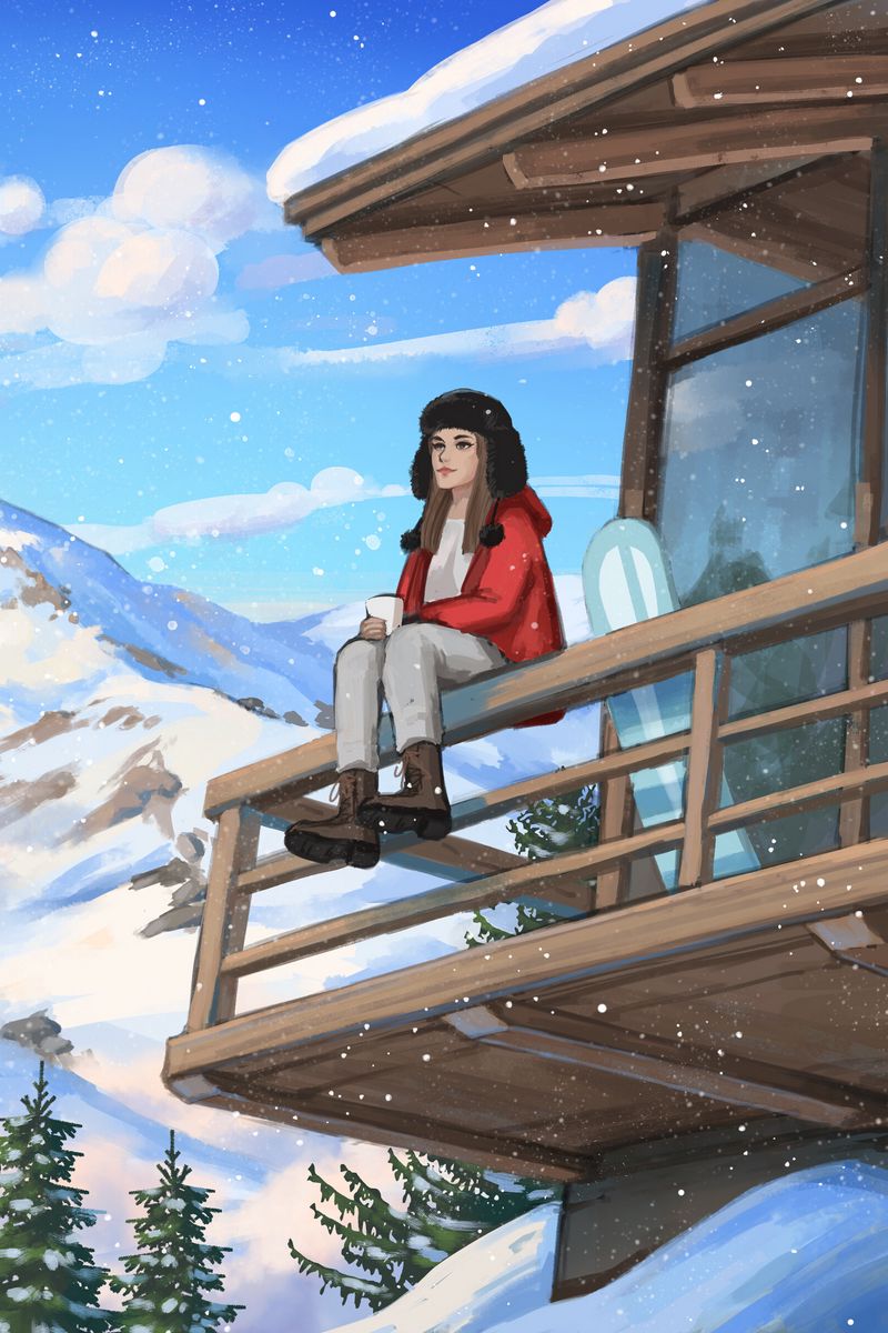 Download Wallpaper 800x1200 Girl, Coffee, Mountains, Snow, Winter, Art Iphone 4s 4 For Parallax HD Background