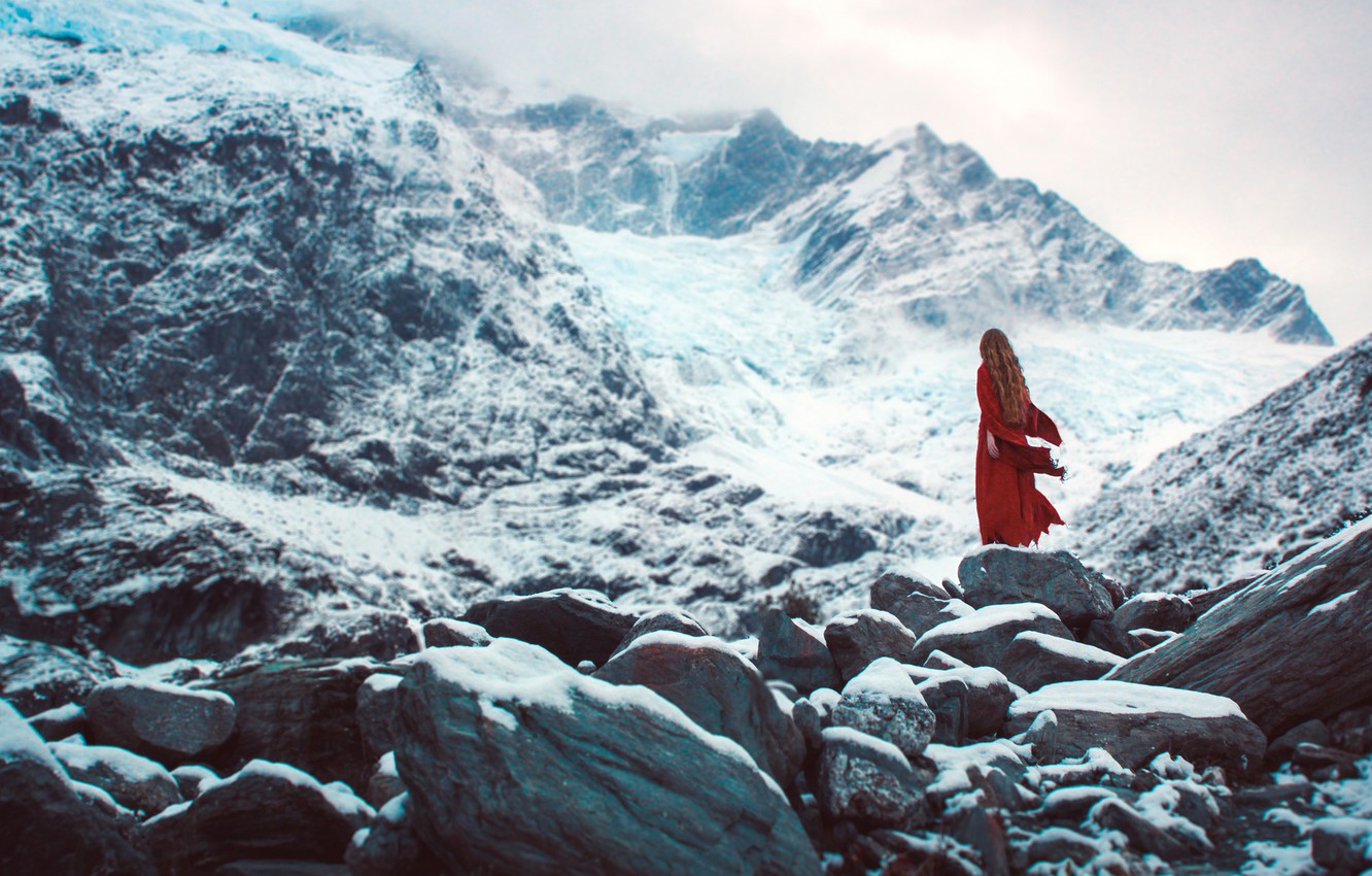 Wallpaper cold, winter, girl, snow, mountains, fog, loneliness, stones, overcast, mood, rocks, red, hair, back, the situation, dress image for desktop, section настроения