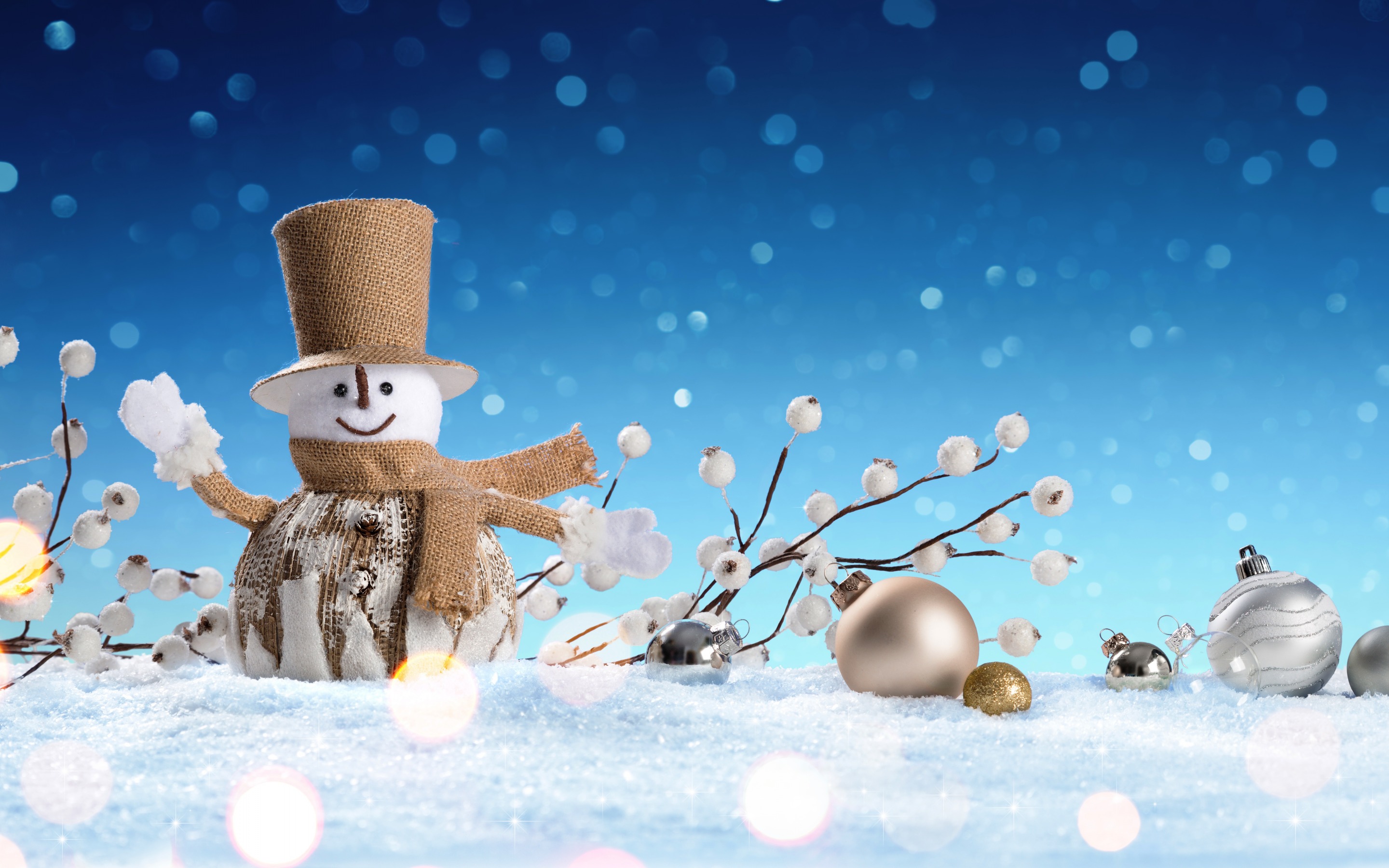 Download wallpaper winter, snowman, Christmas, snow, Christmas golden balls, New Year for desktop with resolution 2880x1800. High Quality HD picture wallpaper