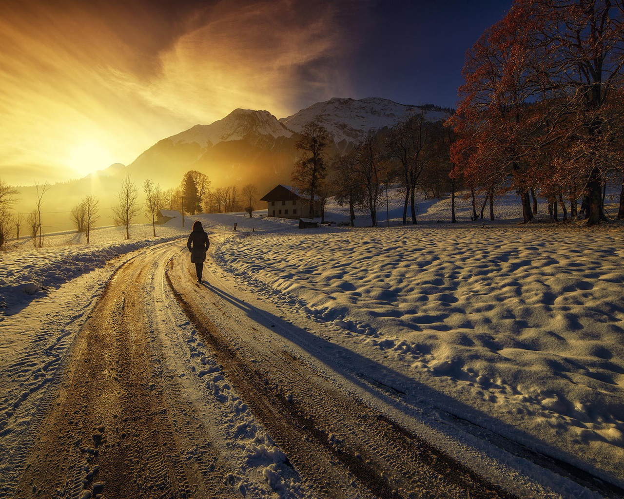 Wallpaper Sunrise, mountains, houses, road, girl, winter, thick snow 1920x1200 HD Picture, Image