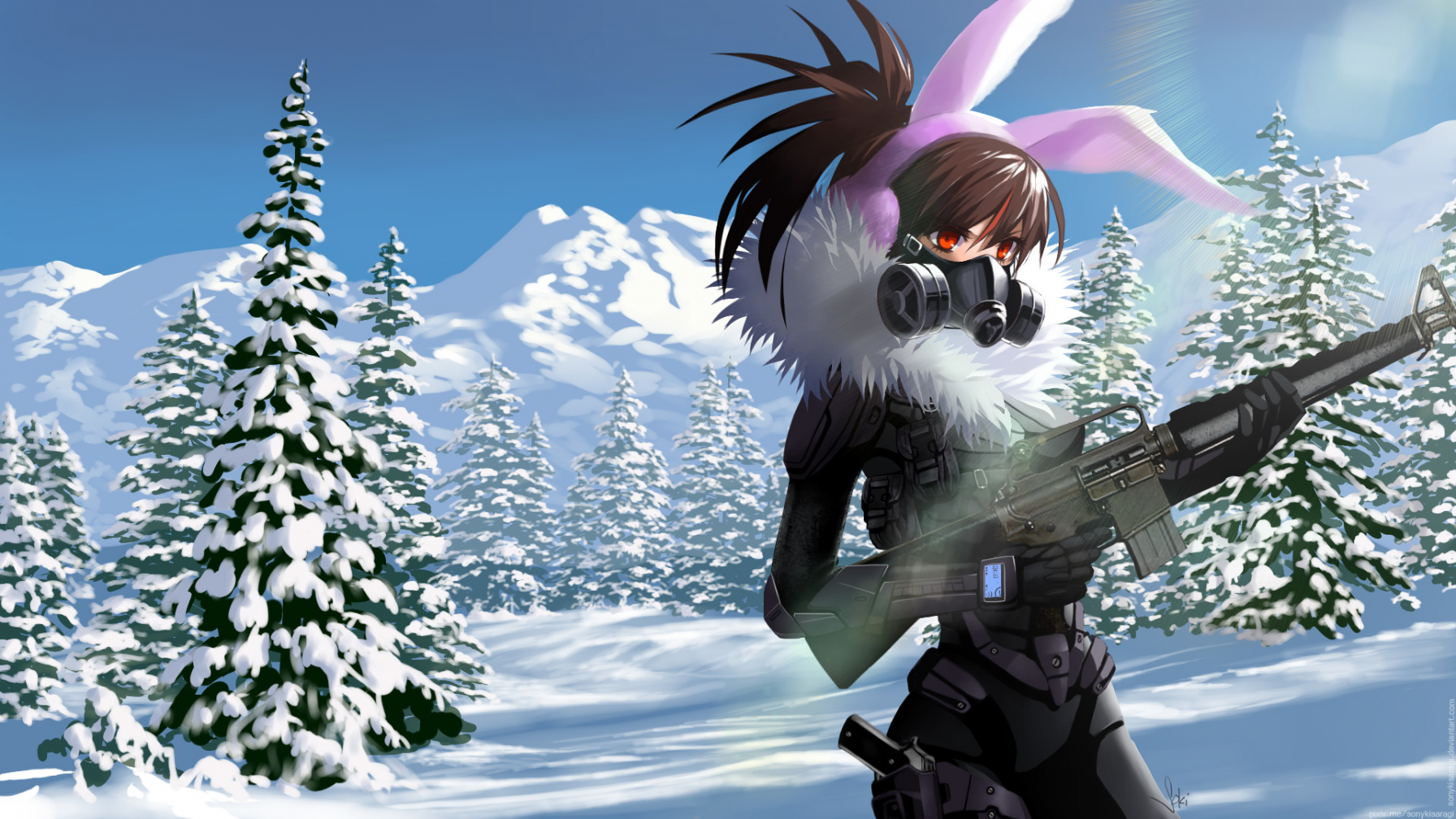 Download 1792x1008 Anime Girl, Gun, Armored, Gas Mask, Bunny Ears, Snow, Mountain, Winter Wallpaper