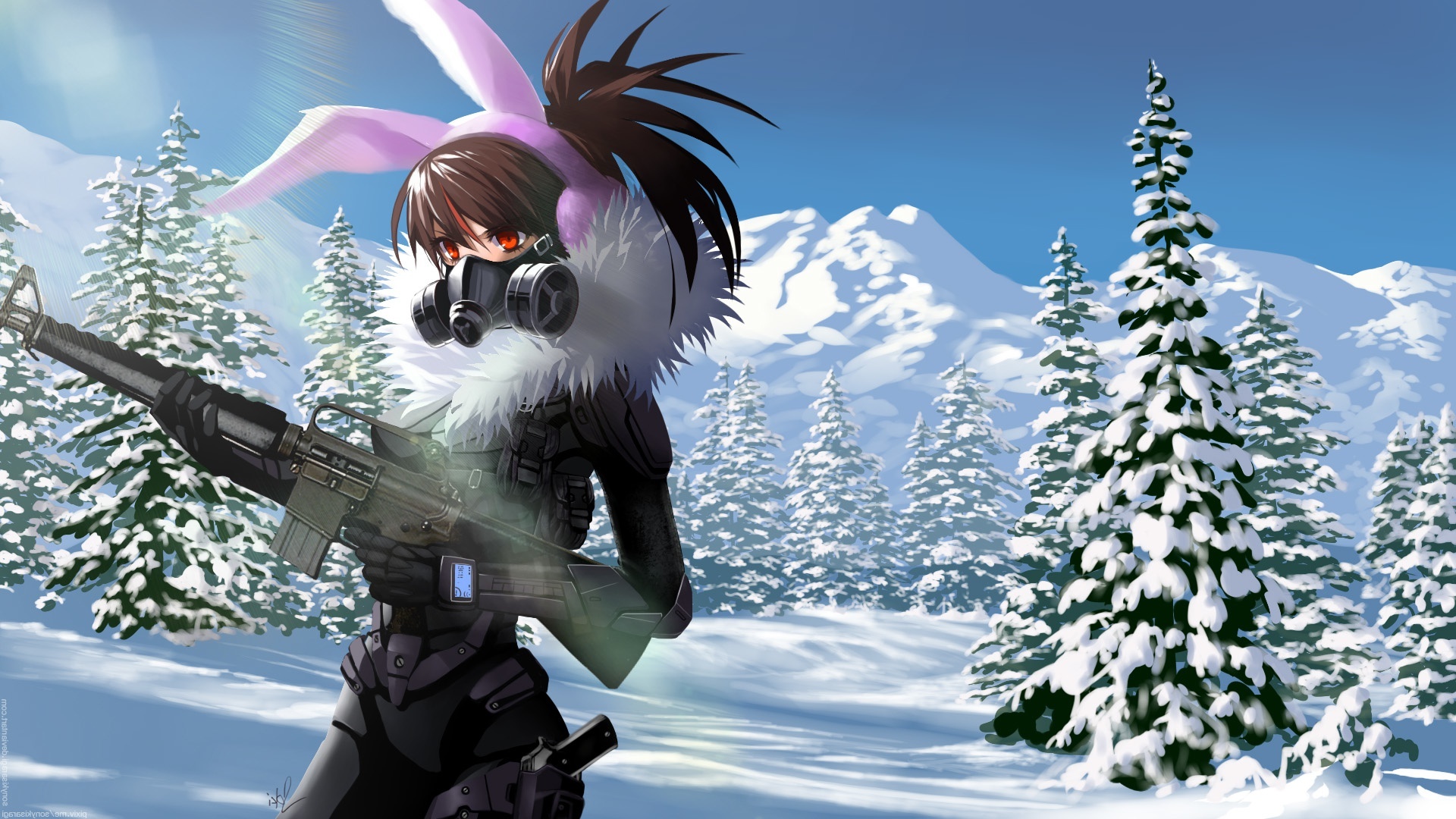 Wallpaper Armored, Bunny Ears, Mountain, Gas Mask, Winter, Gun, Snow, Anime Girl:1920x1080