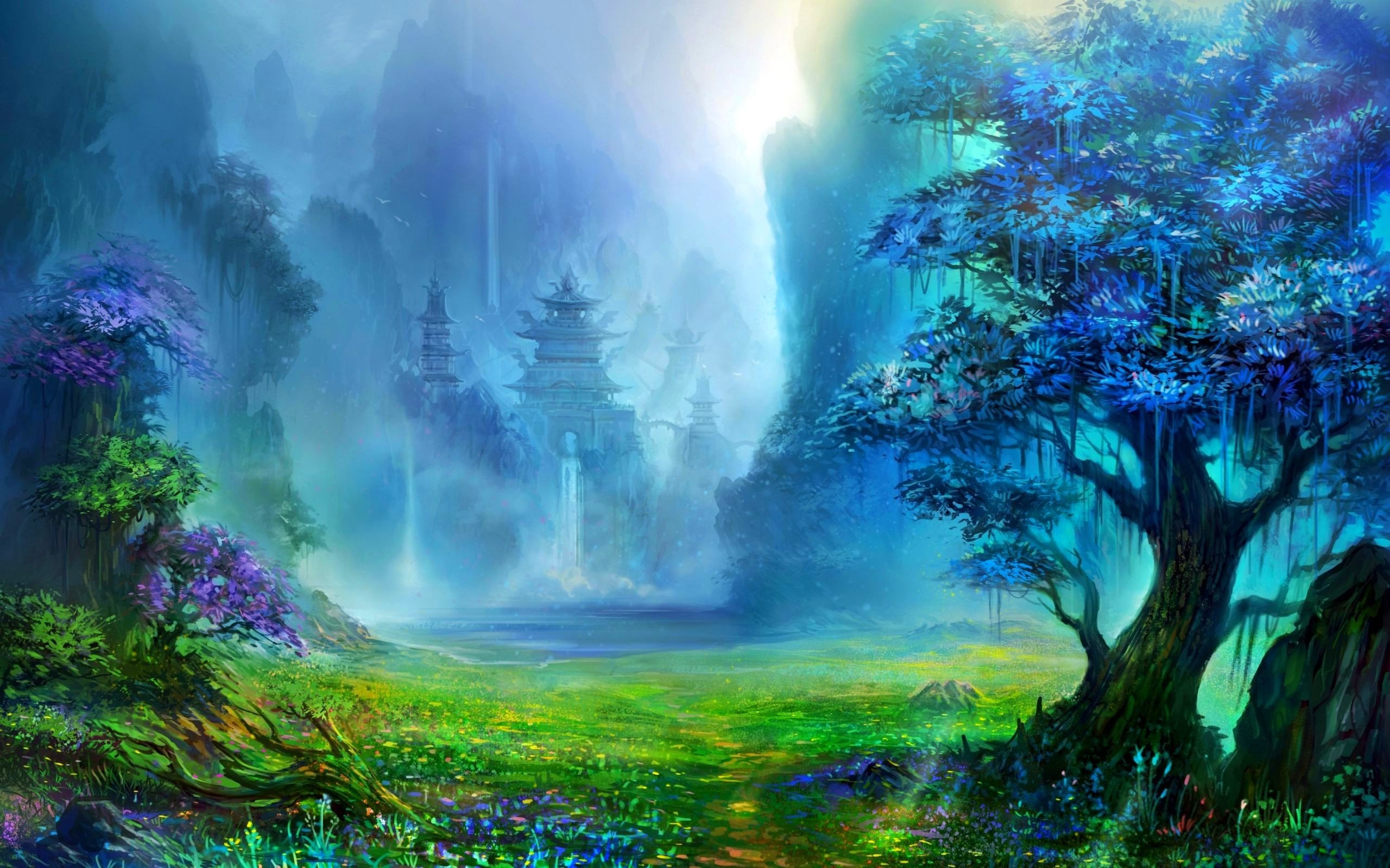 fantasy Art, Pagoda, Asian Architecture, Trees, Waterfall, Artwork, Mountain, Digital Art, Nature, Landscape, Water Wallpaper HD / Desktop and Mobile Background