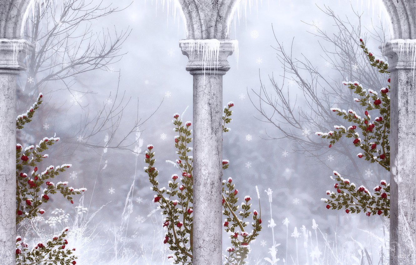 Wallpaper winter, snowflakes, Gothic, icicles, columns, ruins image for desktop, section разное