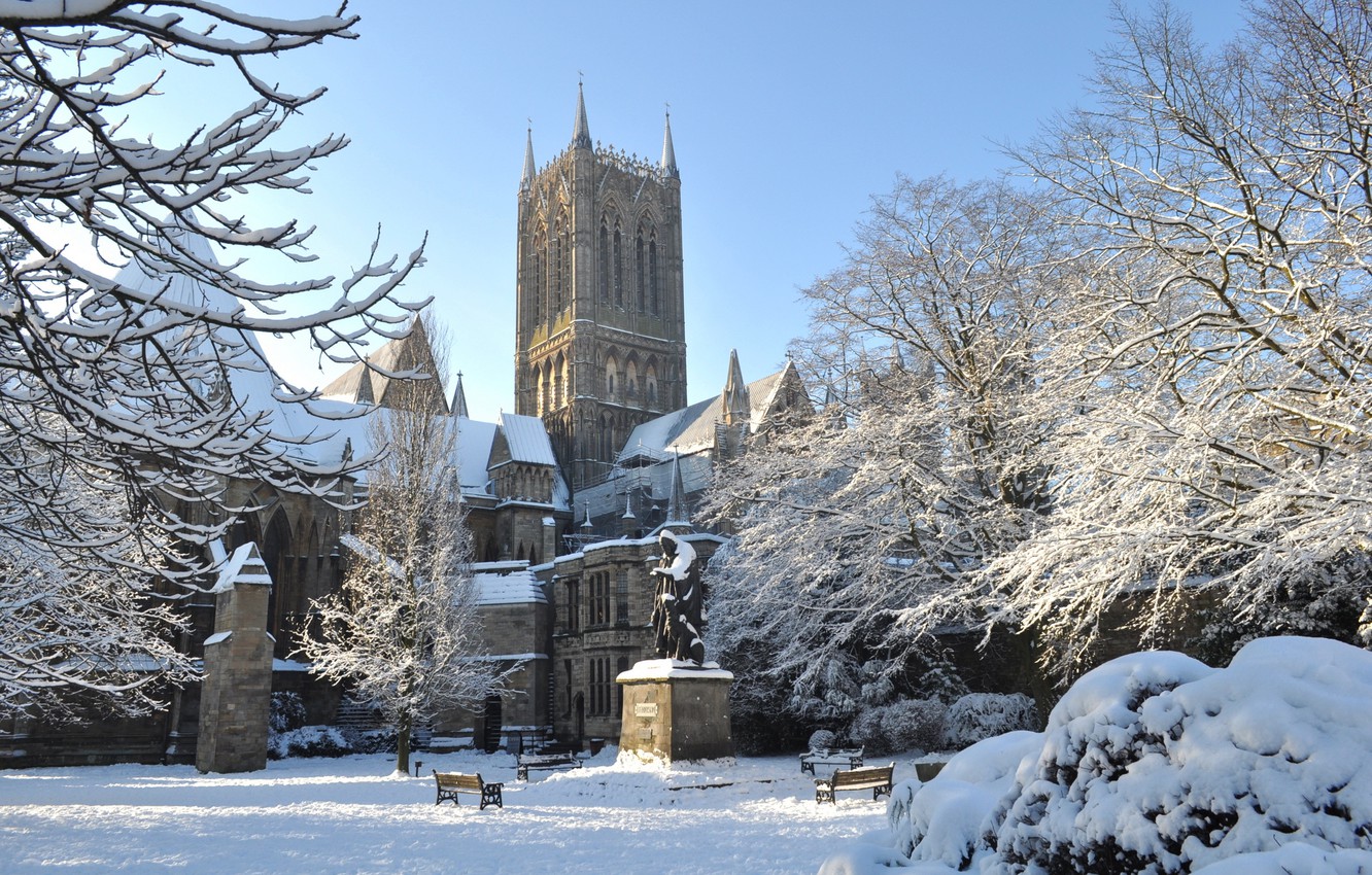 Wallpaper lincoln, snow, England, architecture, gothic cathedral image for desktop, section город