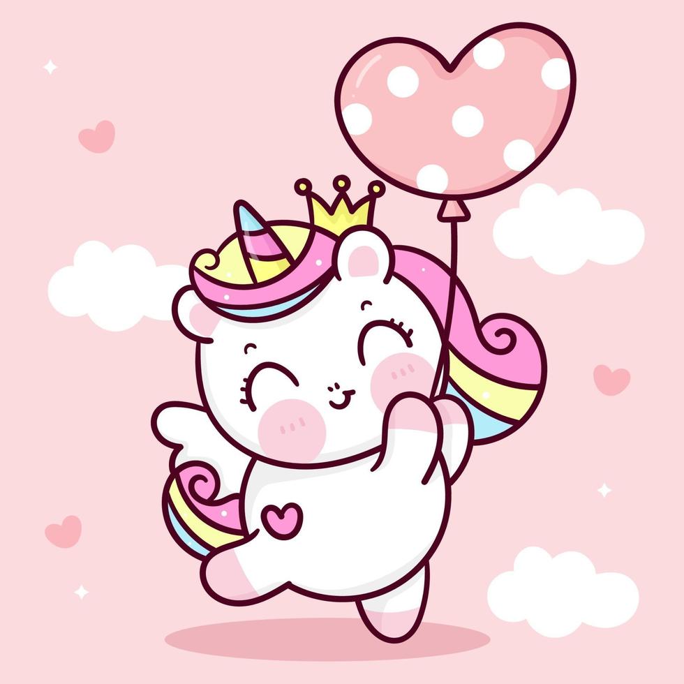 Cute Unicorn vector princess pegasus holding heart balloon pastel sky with sweet cloud pony cartoon kawaii animals background Valentines day gift