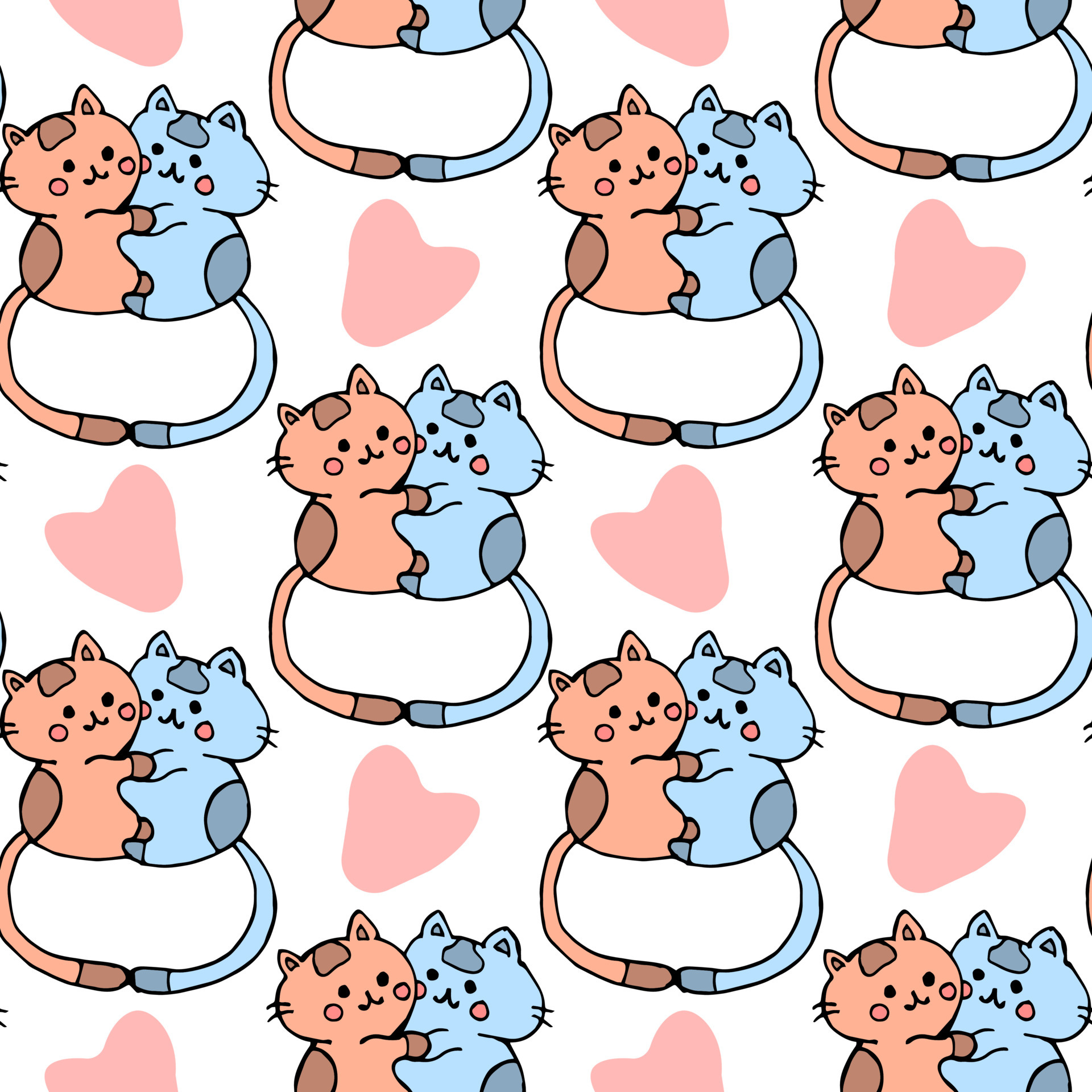 Seamless Pattern, Hand Drawn Cute Kittens Hugging Each Other. Design For Birthday And St. Valentines Day Cards, Textiles, Wallpaper