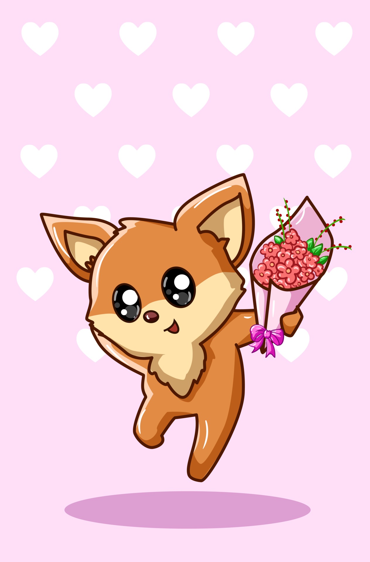 Kawaii fox carrying a bouquet of flowers on valentine day cartoon illustration