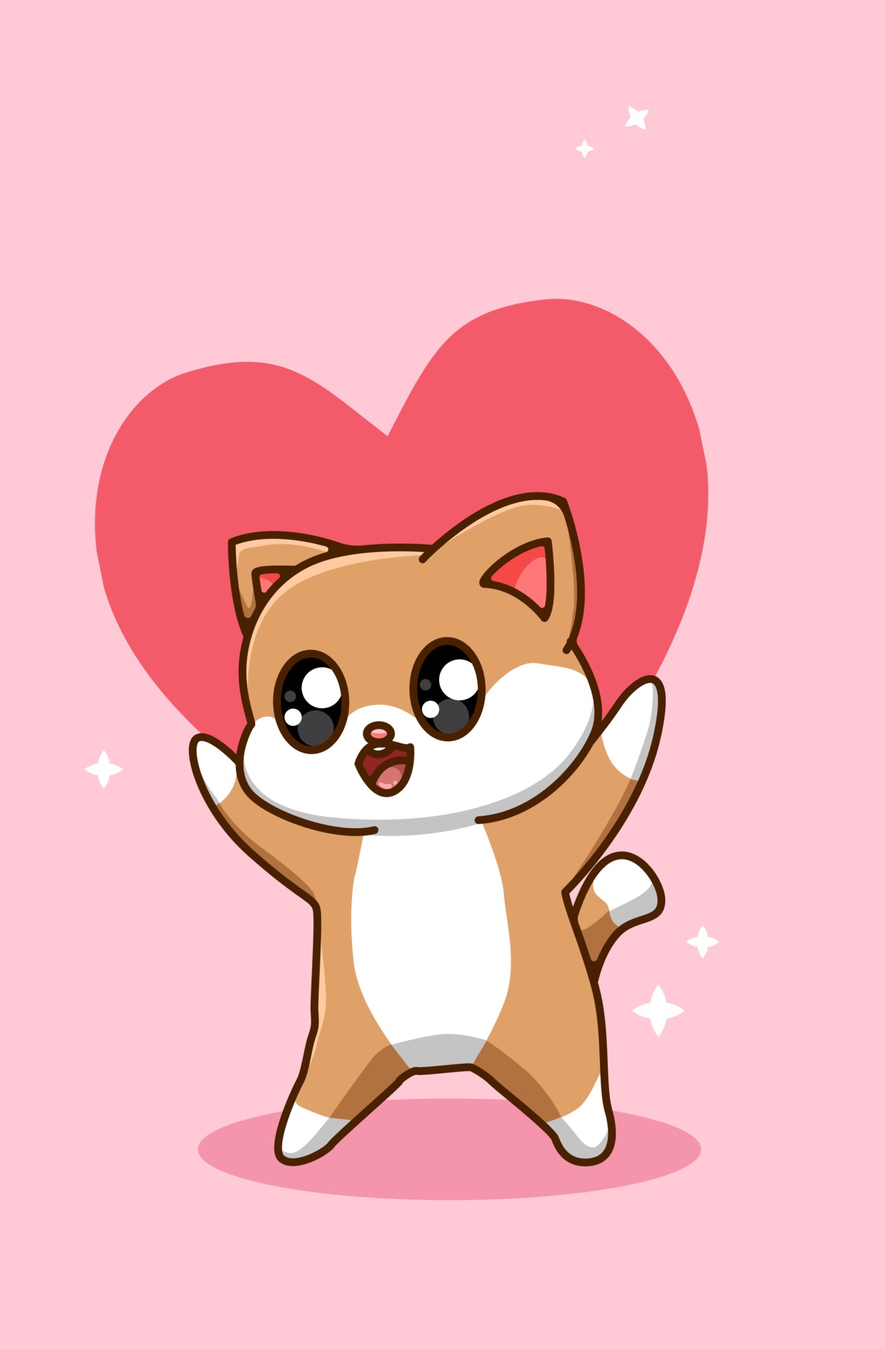 Kawaii and funny cat gives a big valentine's heart cartoon illustration