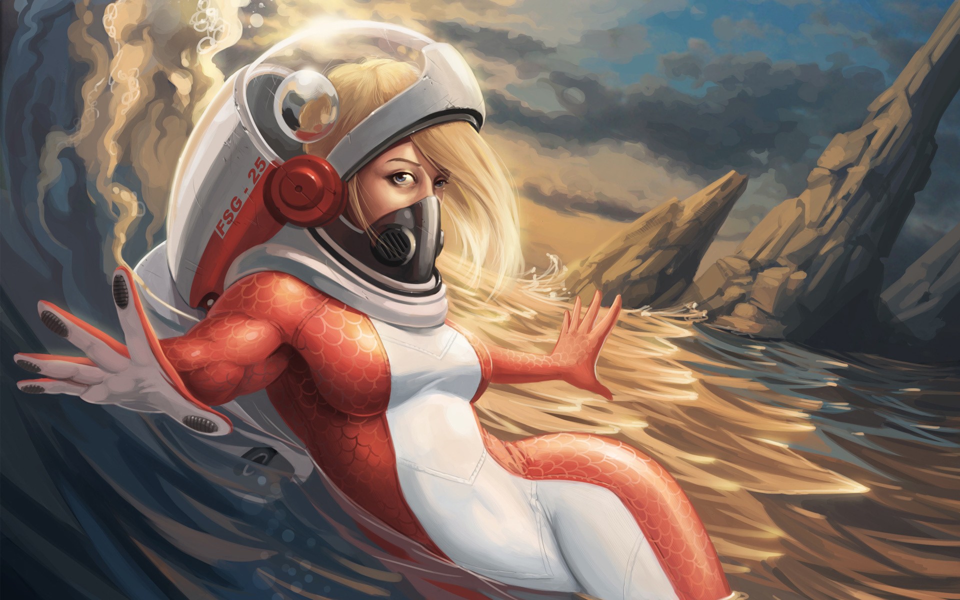 Helmet Mask Fantasy Art Astronaut Water Science Fiction Artwork Sea Blonde Digital Art Painting Women