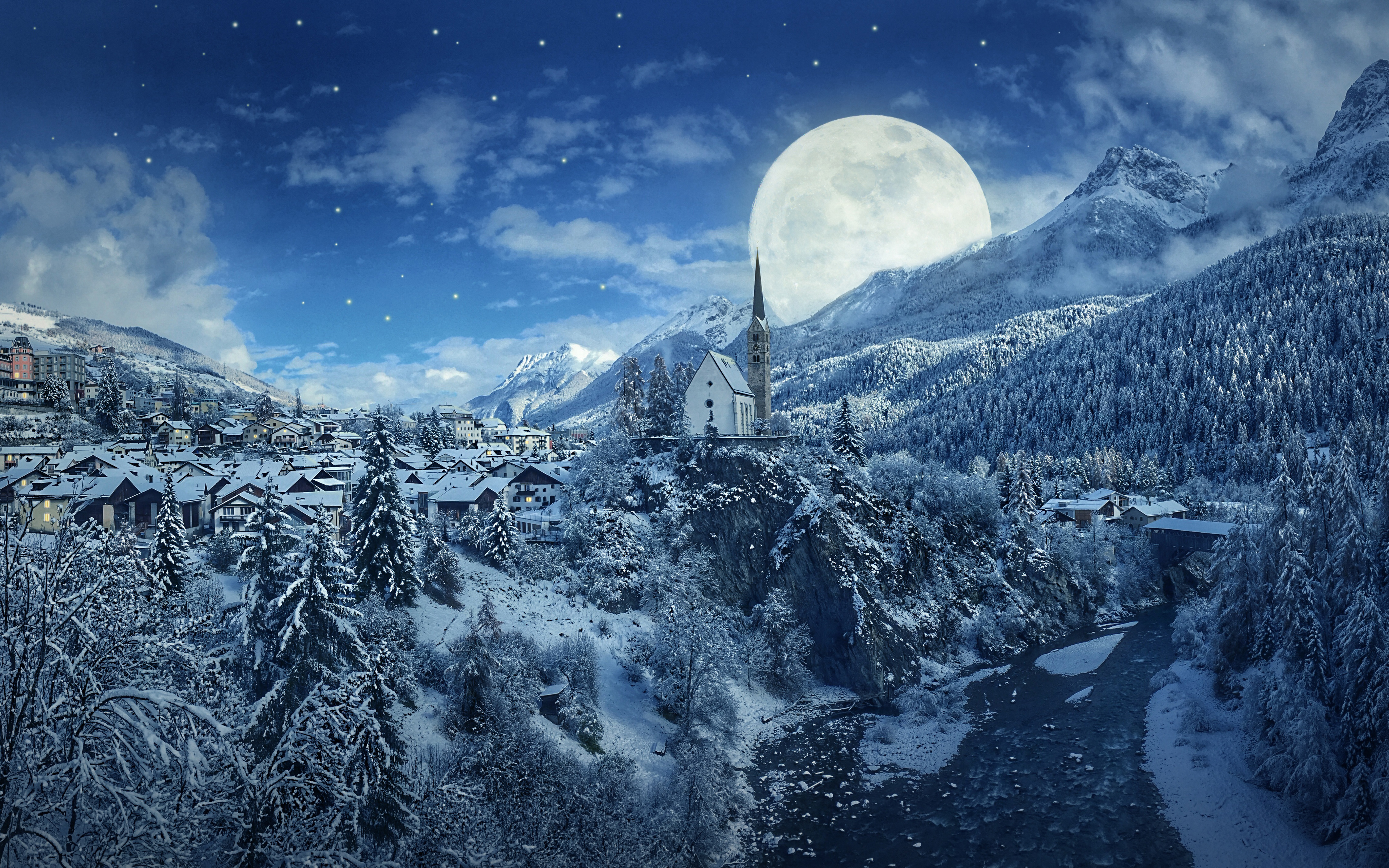 Winter Night Snow Mountains And Moon HD Wallpaper Moon HD Wallpaper