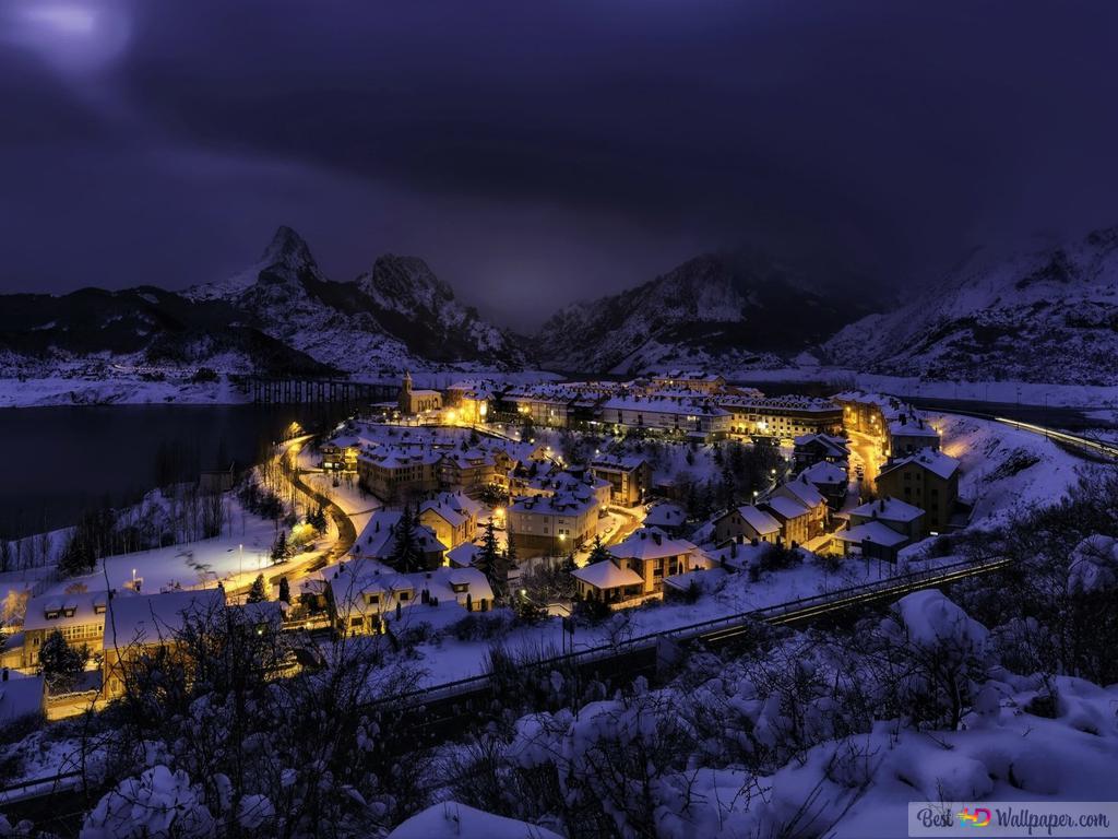 Mountain town in winter night HD wallpaper download