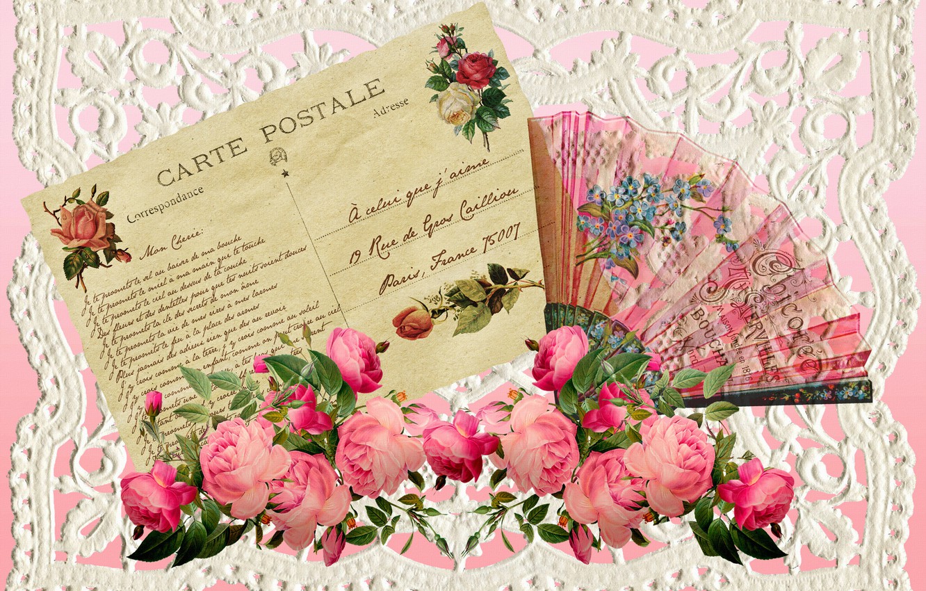 Wallpaper roses, Valentine's day, vintage, postcard image for desktop, section праздники