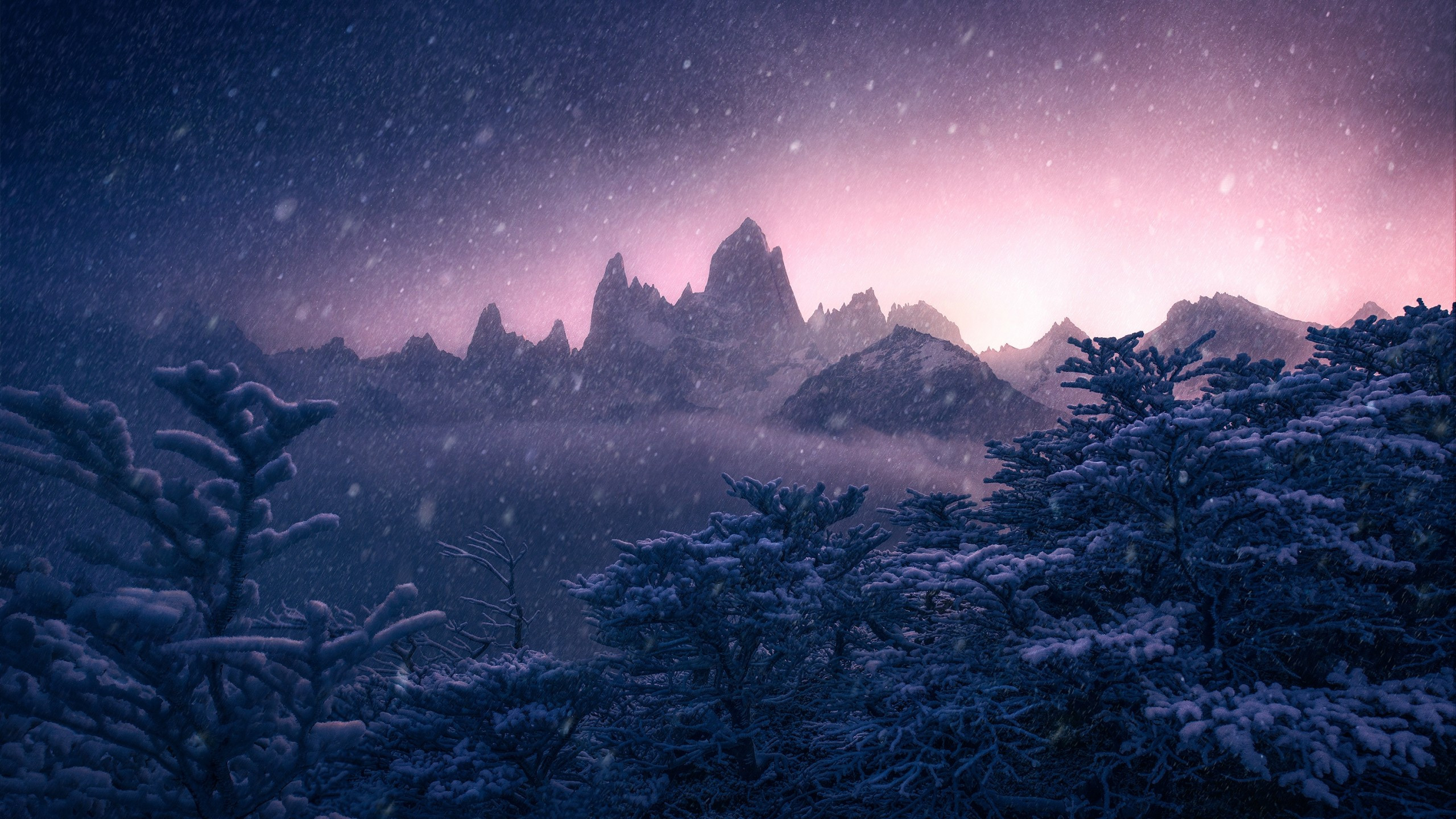 Download 2560x1440 Argentina, Fitz Roy, Snowfall, Sunset, Trees, Winter Wallpaper for iMac 27 inch