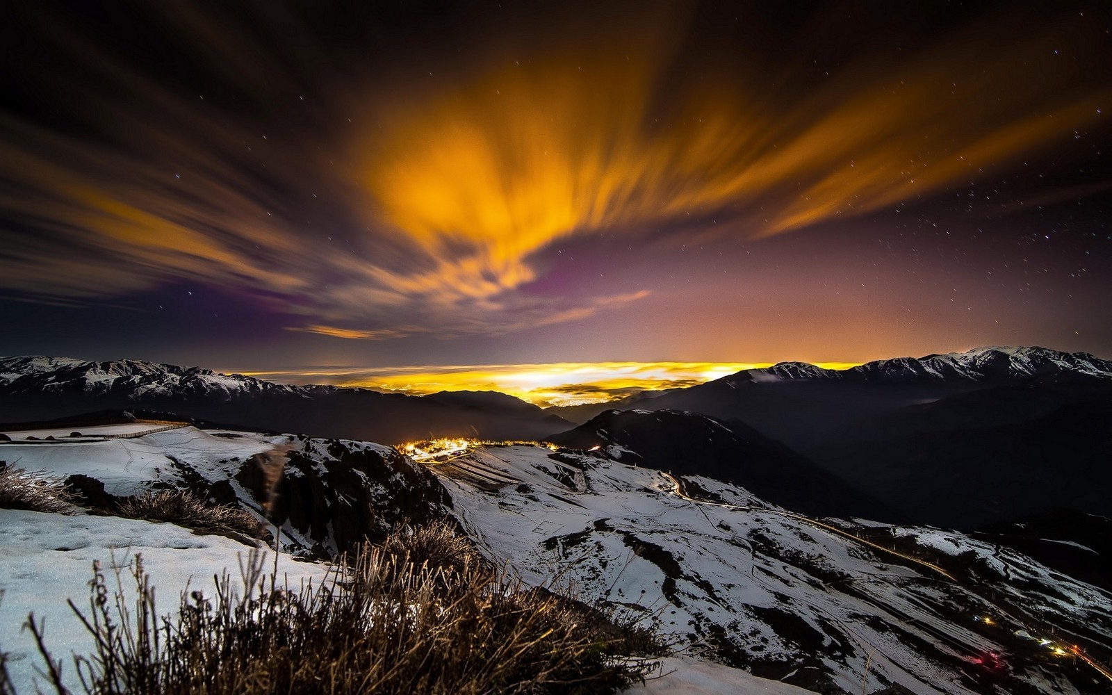 nature, Landscape, Mountain, Winter, Stars, Night, City, Lights, Snow, Chile, Clouds, Evening, Long Exposure Wallpaper HD / Desktop and Mobile Background