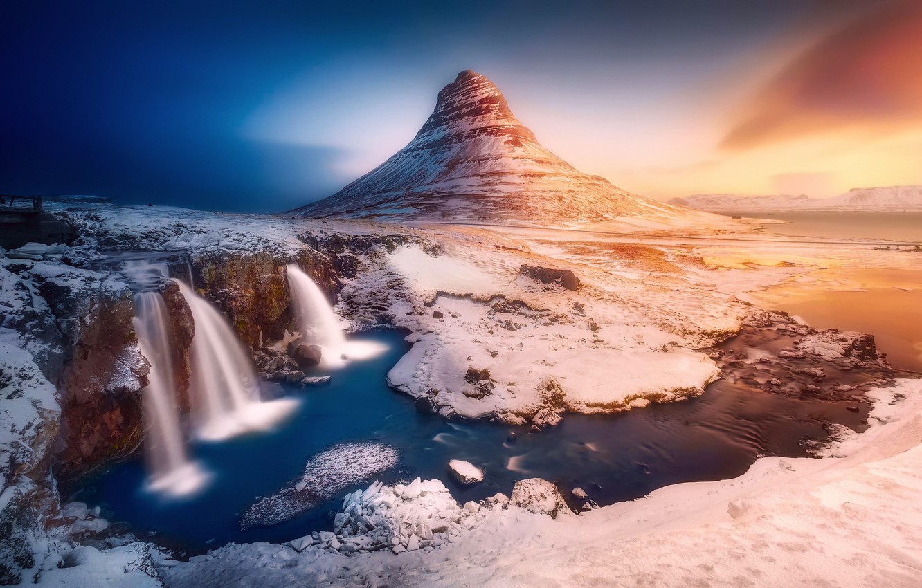 Wallpaper winter, water, light, snow, river, stones, rocks, waterfalls, Iceland, mountain Kirkjufell image for desktop, section пейзажи