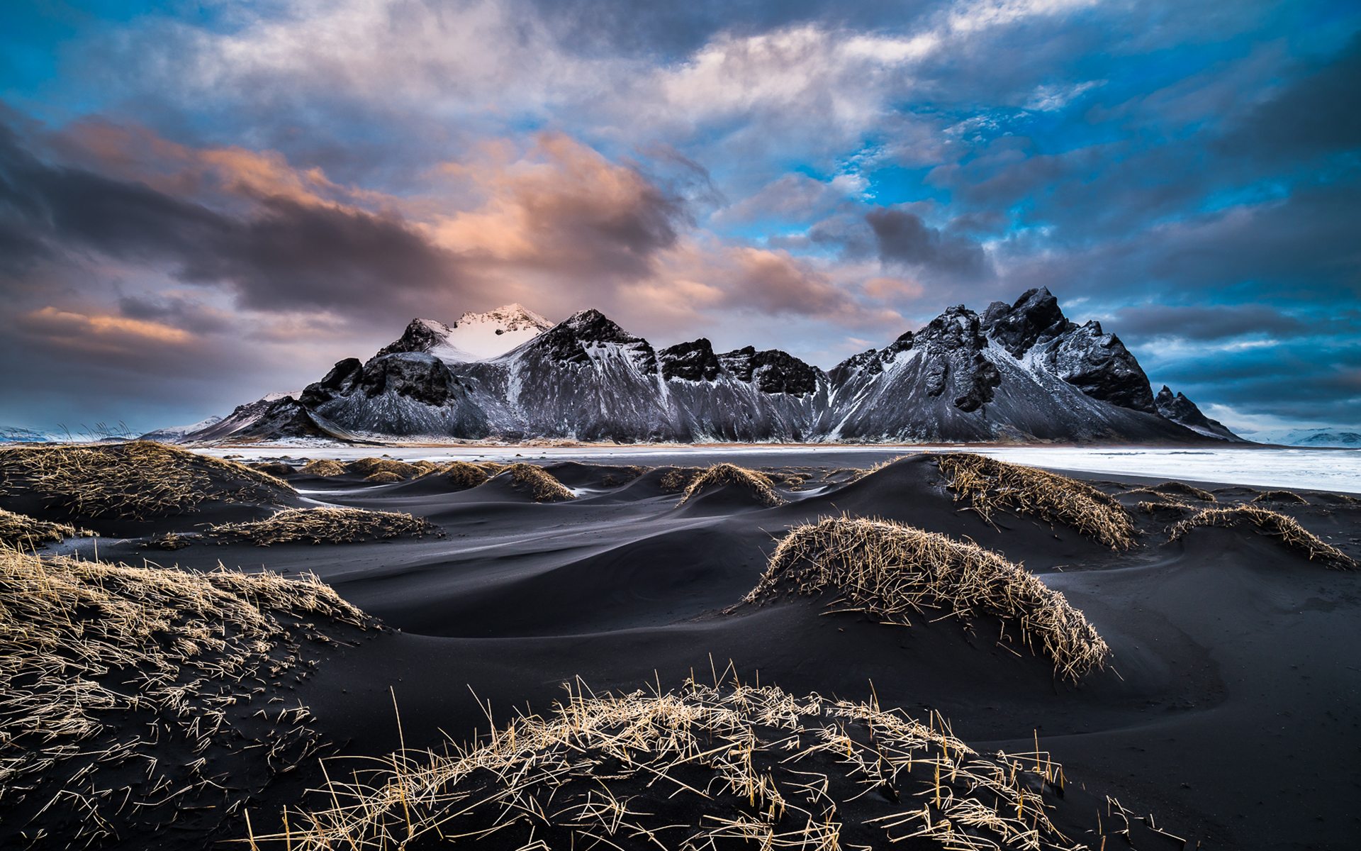 Vestrahorn Iceland Winter Landscape Snowy Mountains Coast Sand Beach Cloudy Sky HD Wallpaper For Deskx1200, Wallpaper13.com