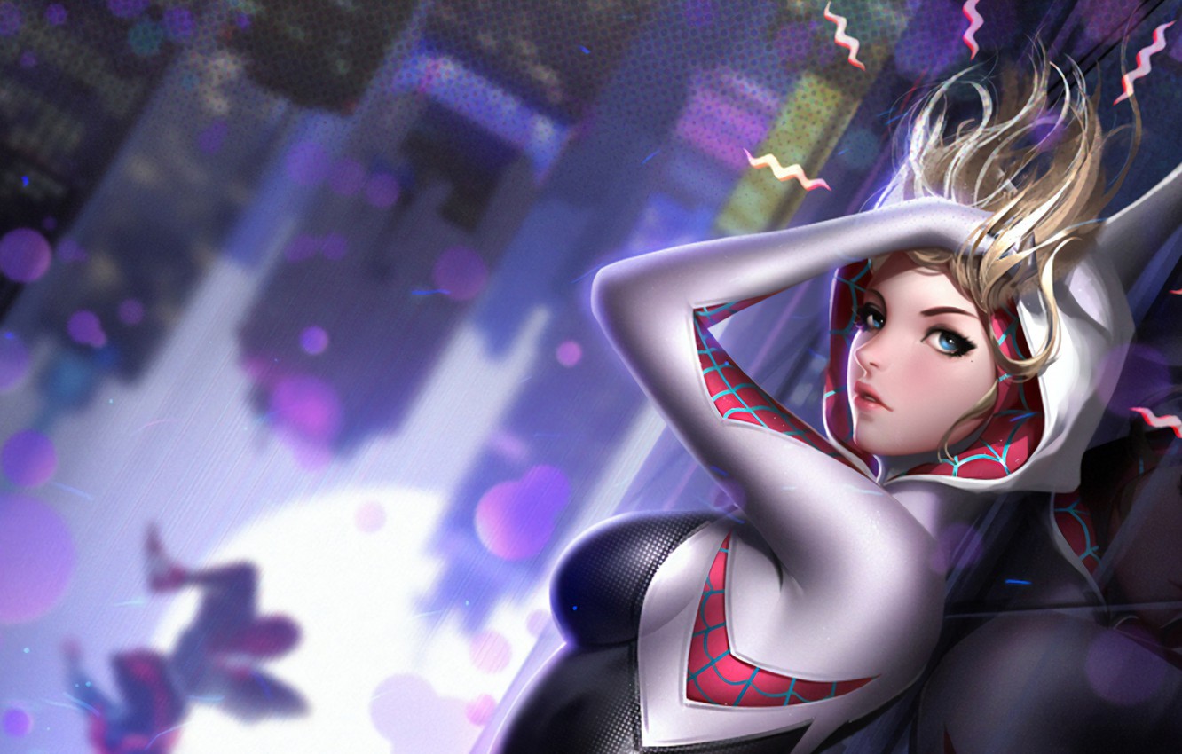 Wallpaper Girl, Fantasy, Gwen, Blue Eyes, Marvel, Comics, Blonde, Digital Art, Artwork, Superhero, Costume, Fantasy Art, Gwen Stacy, Spider Gwen, Spider Man: Into The Spider Verse, Superheroine Image For Desktop, Section фантастика