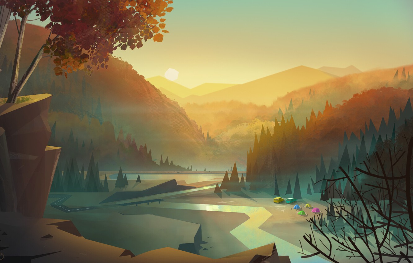 Wallpaper Sunset Mountains Figure Vector Trees River Digital Art Background