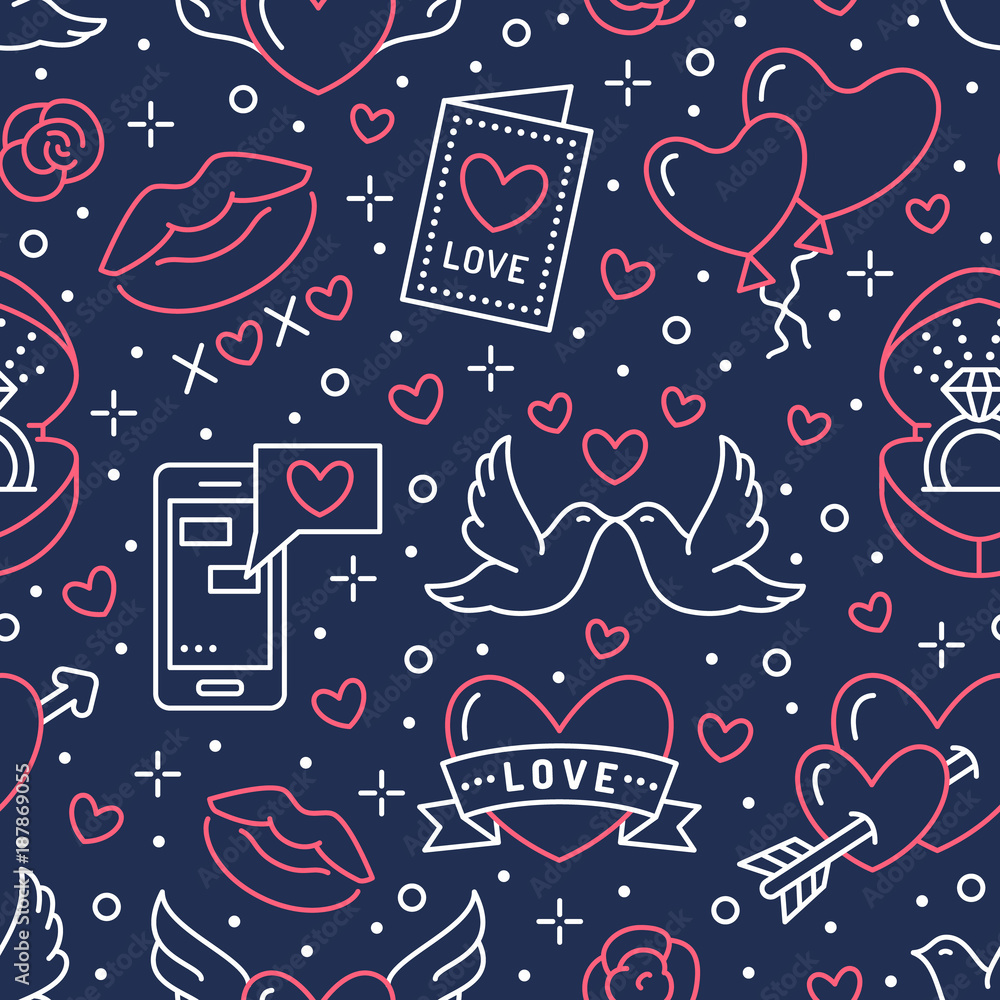 Valentines day seamless pattern. Love, romance flat line icons, engagement ring, kiss, balloons, doves, valentine card. Red, blue wallpaper for february 14 celebration. Stock Vector