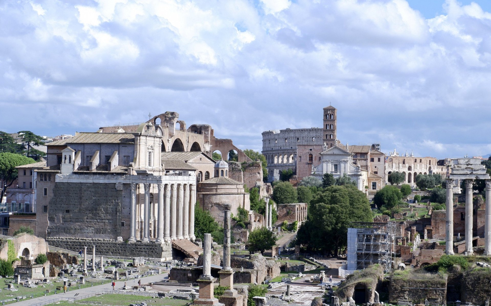 Download wallpaper Roman Forum, Rome, Temple of Saturn, Colosseum, ruins, landmark, Rome cityscape, Italy for desktop with resolution 1920x1200. High Quality HD picture wallpaper