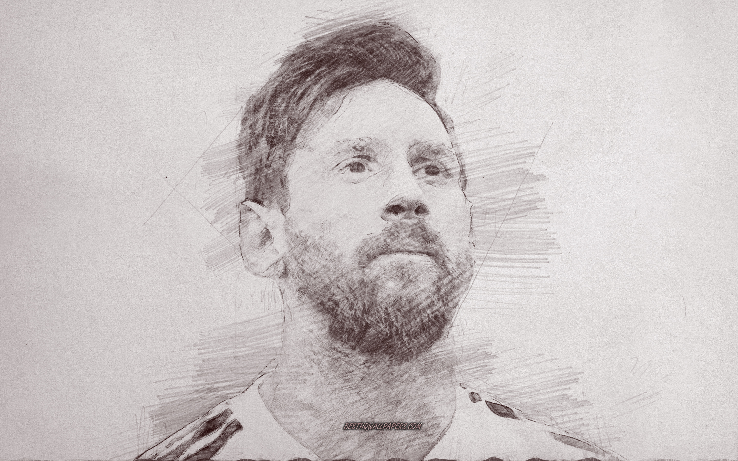 Download wallpaper Lionel Messi, portrait, pencil drawing, argentinian soccer player, Argentina national football team, face, drawing on paper, football, Messi portrait for desktop with resolution 2880x1800. High Quality HD picture wallpaper