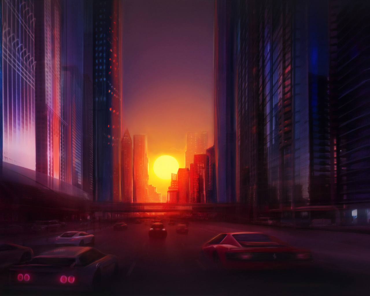 Digital Drawing City Sunset 4k 1280x1024 Resolution HD 4k Wallpaper, Image, Background, Photo and Picture