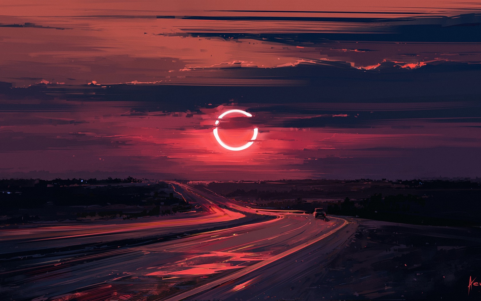 Wallpaper Road, sunset, Eclipse, beautiful drawing 1920x1080 Full HD 2K Picture, Image