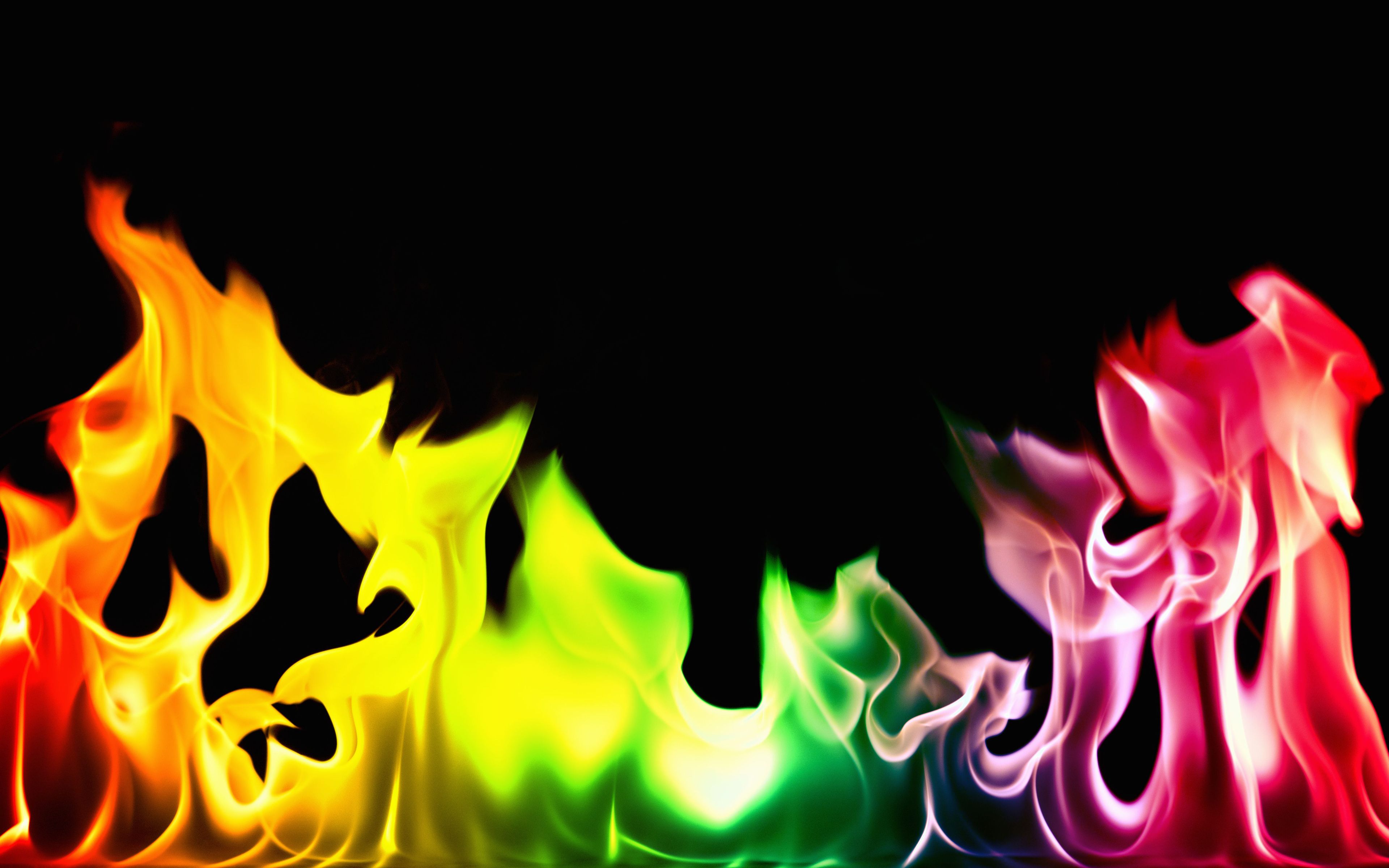 Download wallpaper colorful fire, 4k, rainbow, flames, black background, fire for desktop with resolution 3840x2400. High Quality HD picture wallpaper