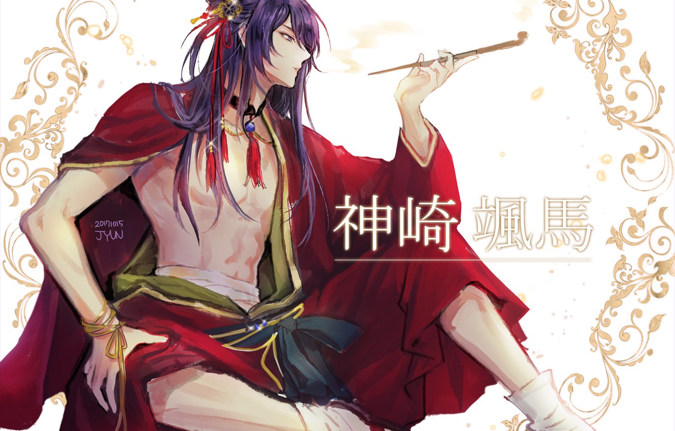 Wallpaper pattern, characters, socks, mouthpiece, guy, long hair, in profile, Ensemble Stars!, chalker, red robe, by Jyun, Kanzaki Souma image for desktop, section сёнэн