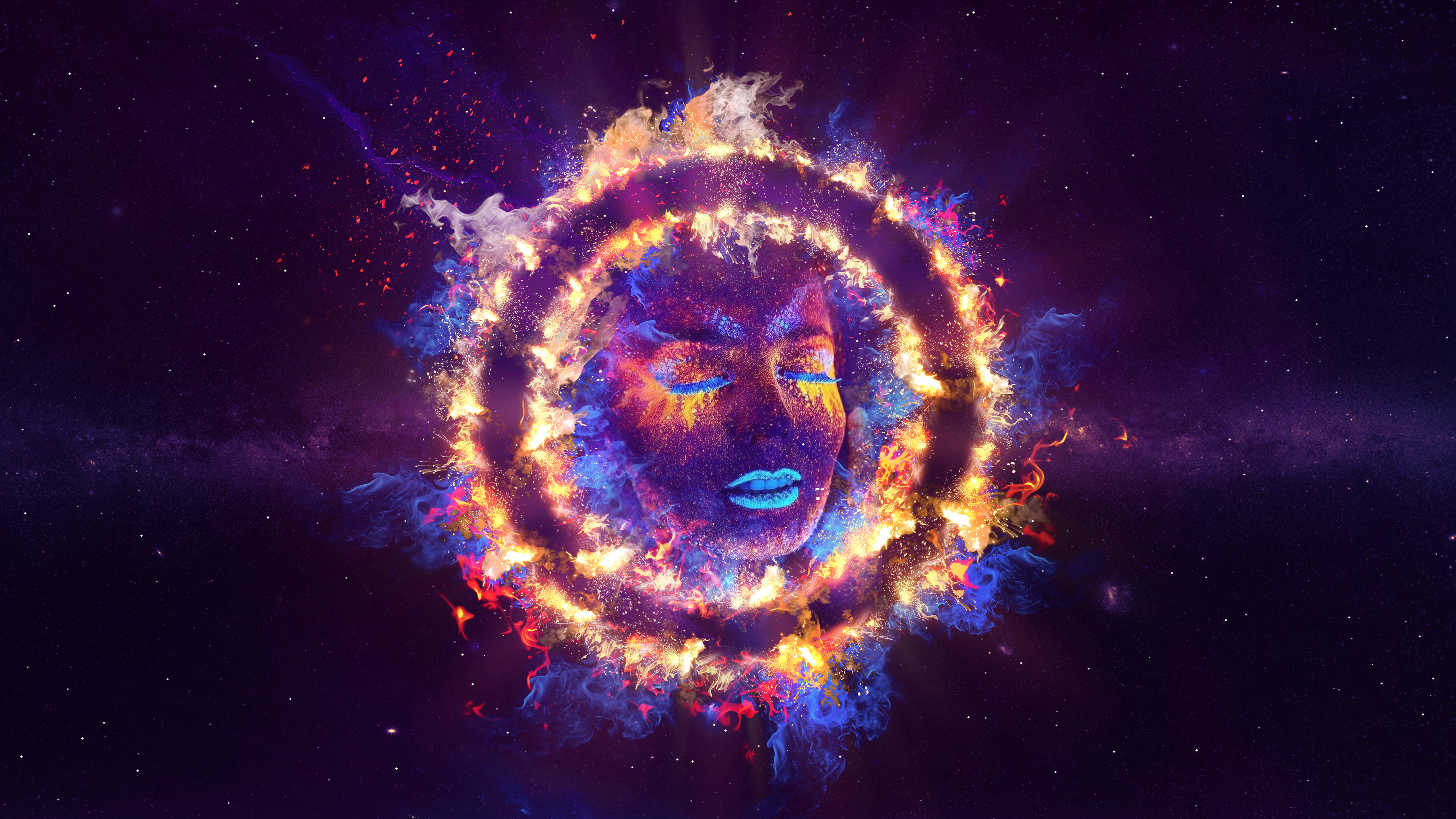 Women Closed Eyes Fire Neon Galaxy Art 5k, HD Artist, 4k Wallpaper, Image, Background, Photo and Picture