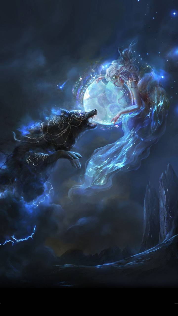 Wallpaper Background Fantasy Galaxy Girl Space Wolf