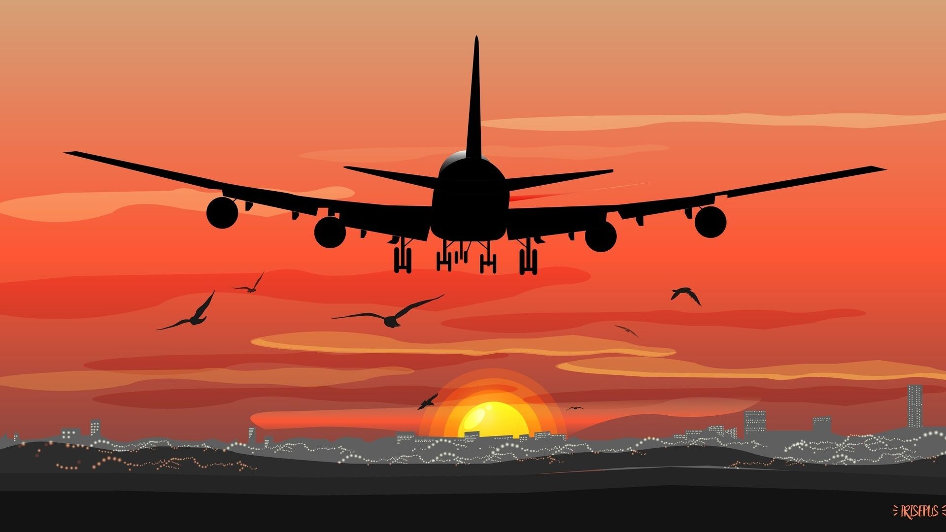 Desktop Wallpaper Silhouette, Airplane, Sunset, Art, HD Image, Picture, Background, 73c888
