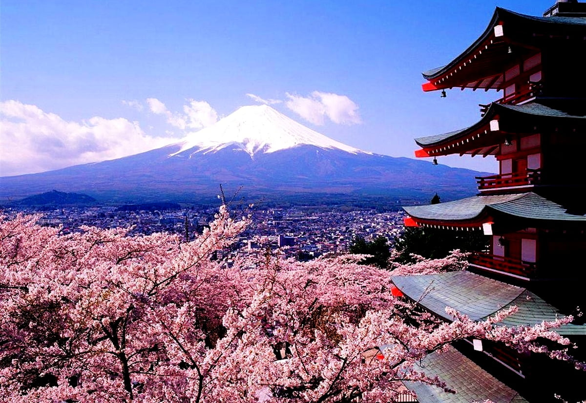 Beautiful wallpaper Japanese Architecture, Mountains, Flowers. TOP Free Download wallpaper