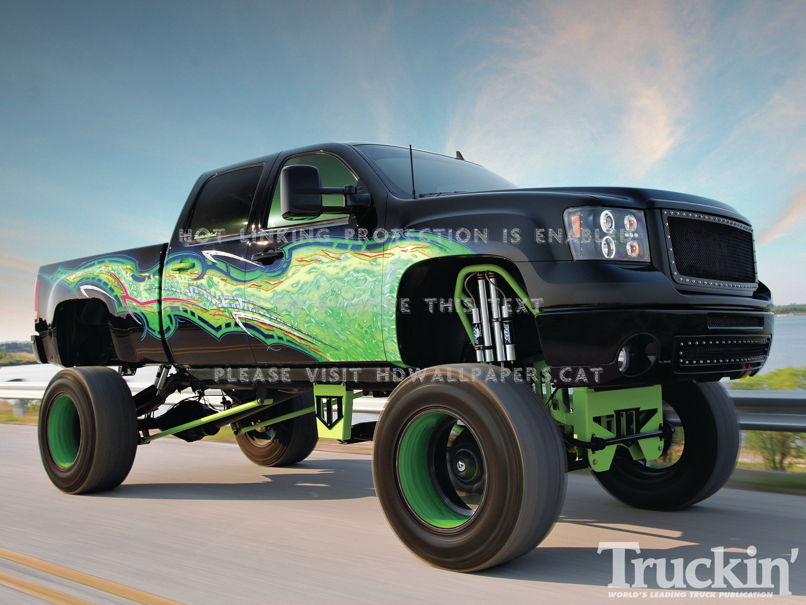 envy lifted truck black green flame cars gmc