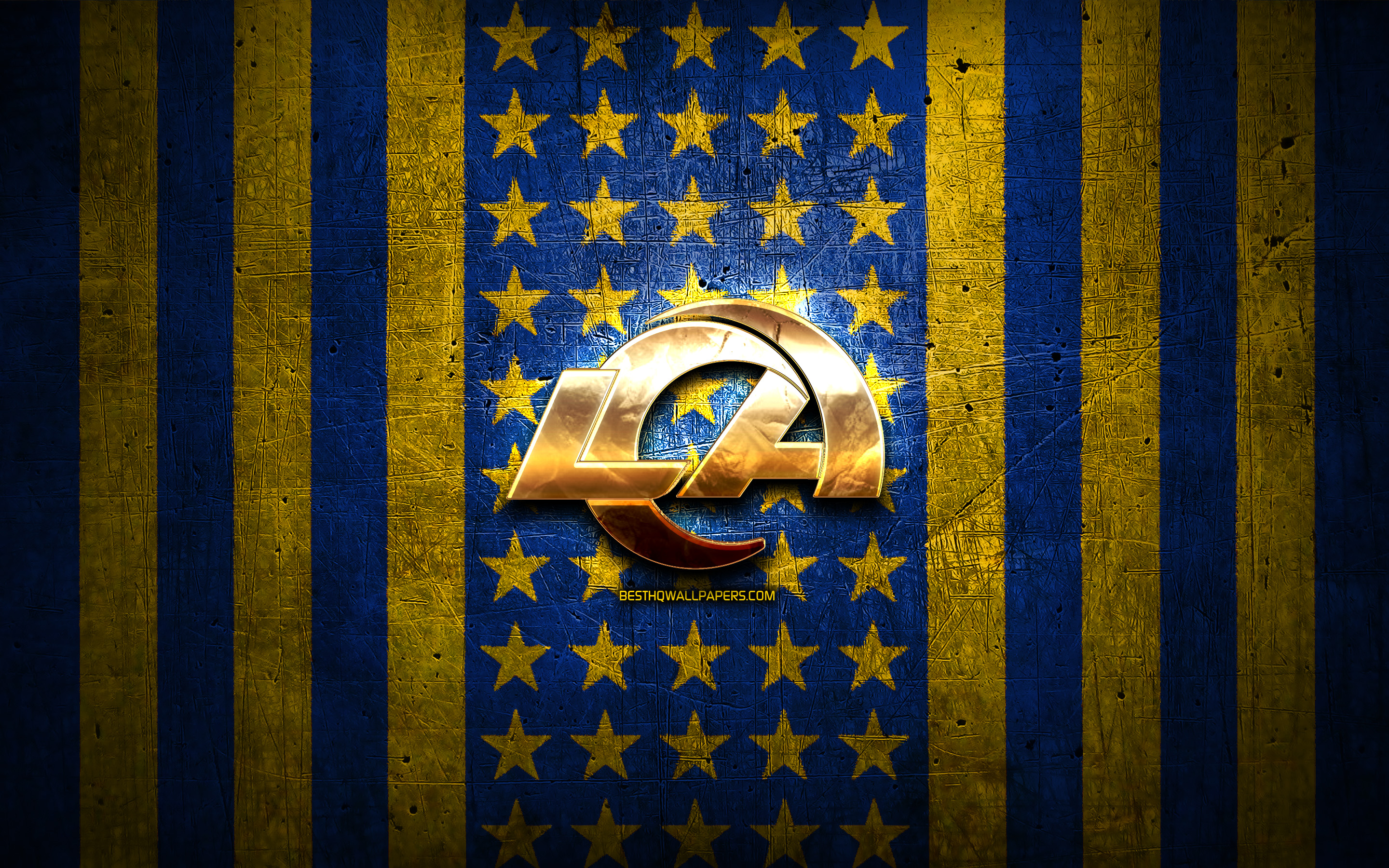 Download wallpaper Los Angeles Rams flag, NFL, blue yellow metal background, american football team, Los Angeles Rams logo, USA, american football, golden logo, Los Angeles Rams, LA Rams for desktop with resolution