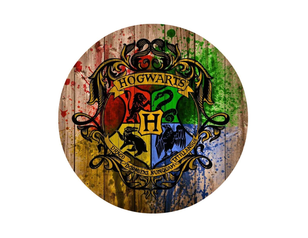 Harry Potter Hogwarts Logo on Wood Background Edible Icing Image 7.5 Round