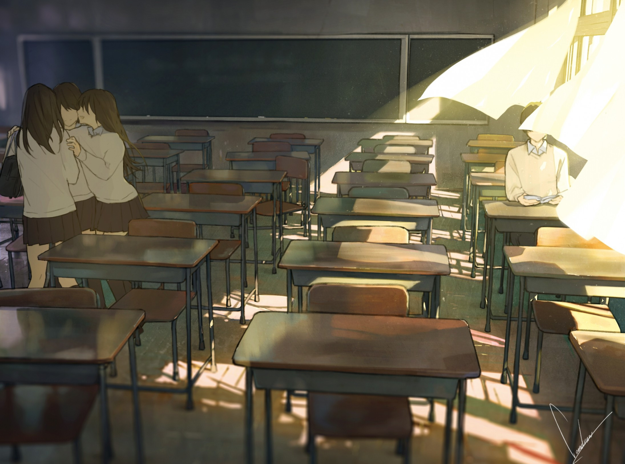 Download 2190x1629 Anime School, Classroom, Desks, Wind, Lonely Boy Wallpaper
