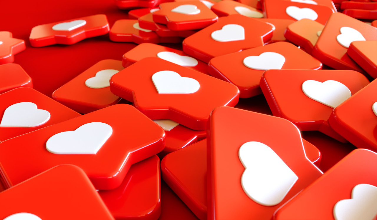 Social Media Network Love and Like Heart Icon 3D Rendering Background in red. Free