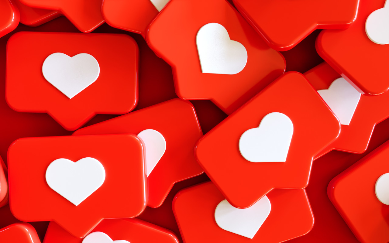Social Media Network Love and Like Heart Icon 3D Rendering Background in red. Free