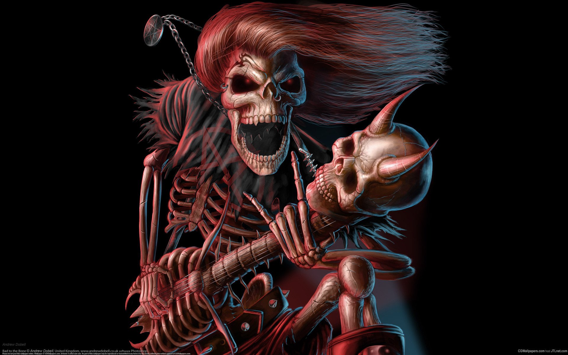 Dark music reaper skeleton skull guitars evil scary spooky halloween horns fantasy bones scream smile grimace wallpaper